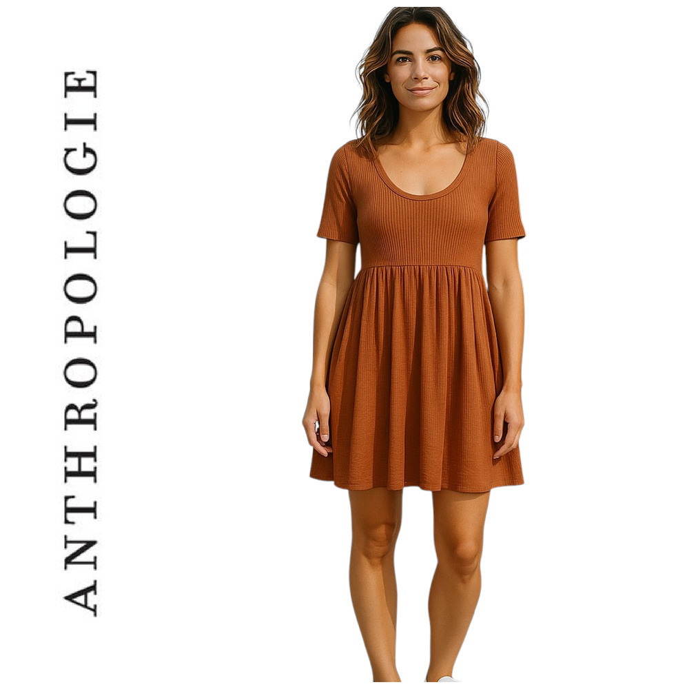 Anthropologie x t.la Marcela Sz S Cinnamon Ribbed Knit Bubble Skirt Mini Dress
